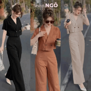 Xem ngay Set bộ vest nữ áo croptop tay ngắn và quần dài ống suông rộng phù hợp đi chơi dự tiệc thanh lịch shop ngô fashion